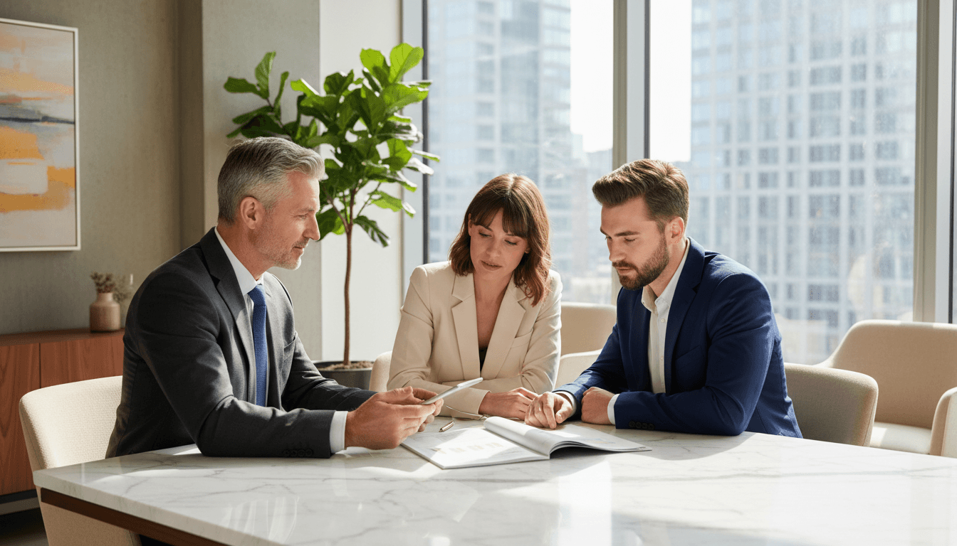 Financial advisor consulting with a couple in a modern office