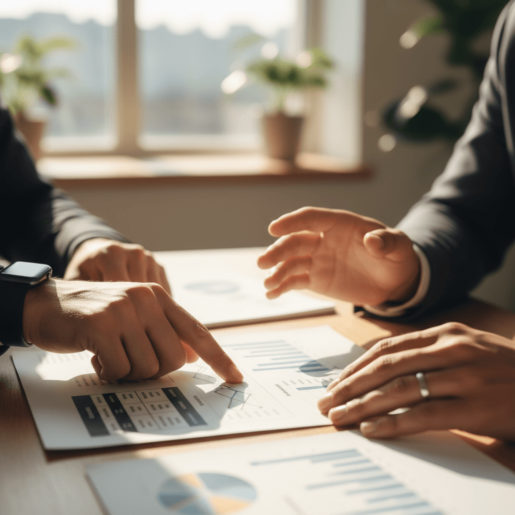 Financial consultant explaining strategies during client meeting