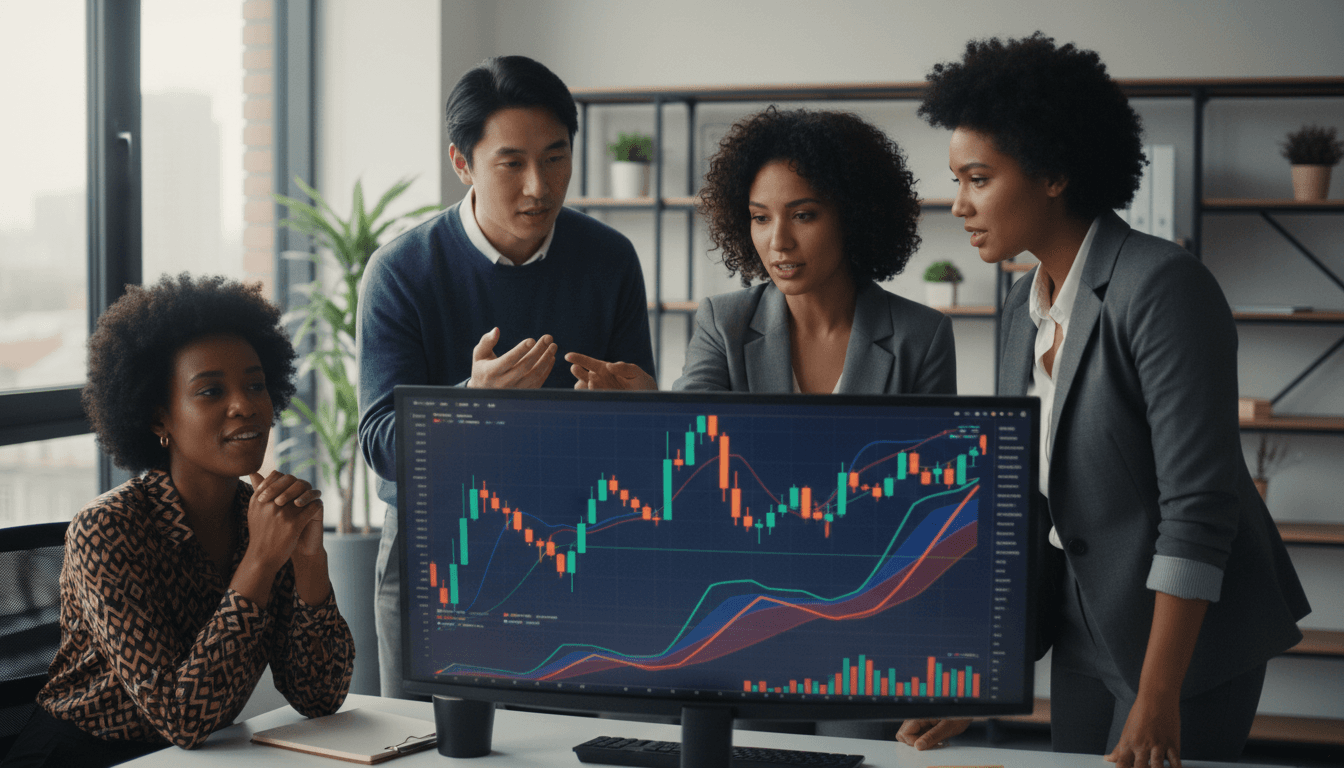 Business team reviewing market trends and economic forecasts on monitor