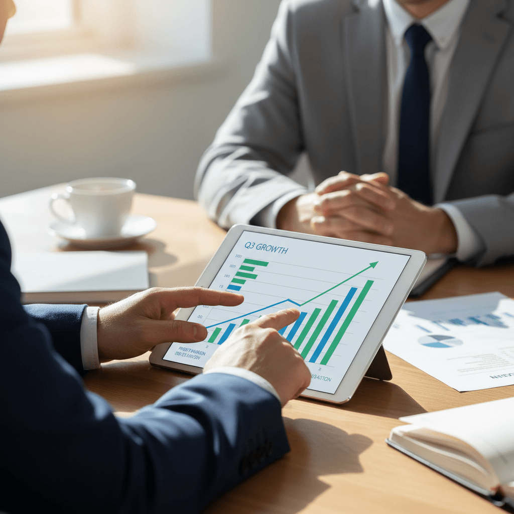 Consultant presenting profitability growth strategies to business client