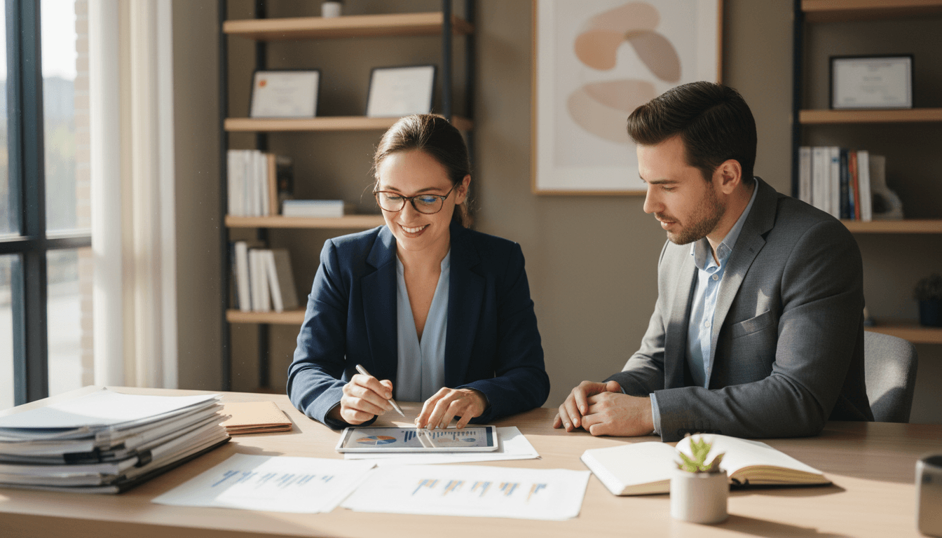 Financial advisor explaining retirement planning strategy to client