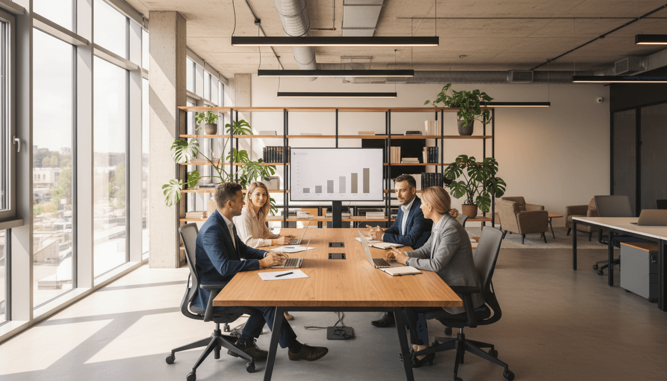 Two professionals reviewing financial documents and charts during a business consulting session at a wooden table