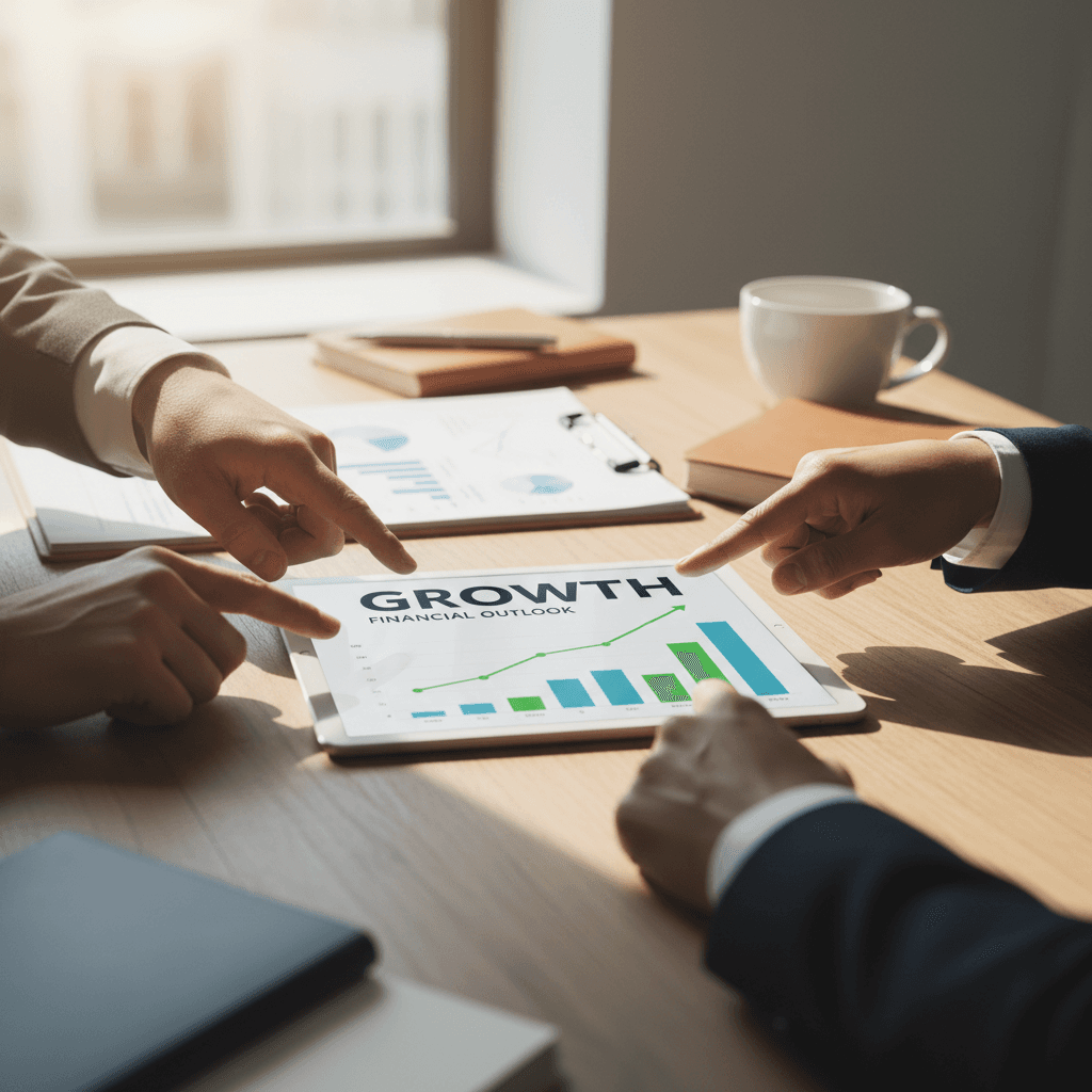 Three diverse hands collaboratively pointing at financial growth charts on tablet during business consultation