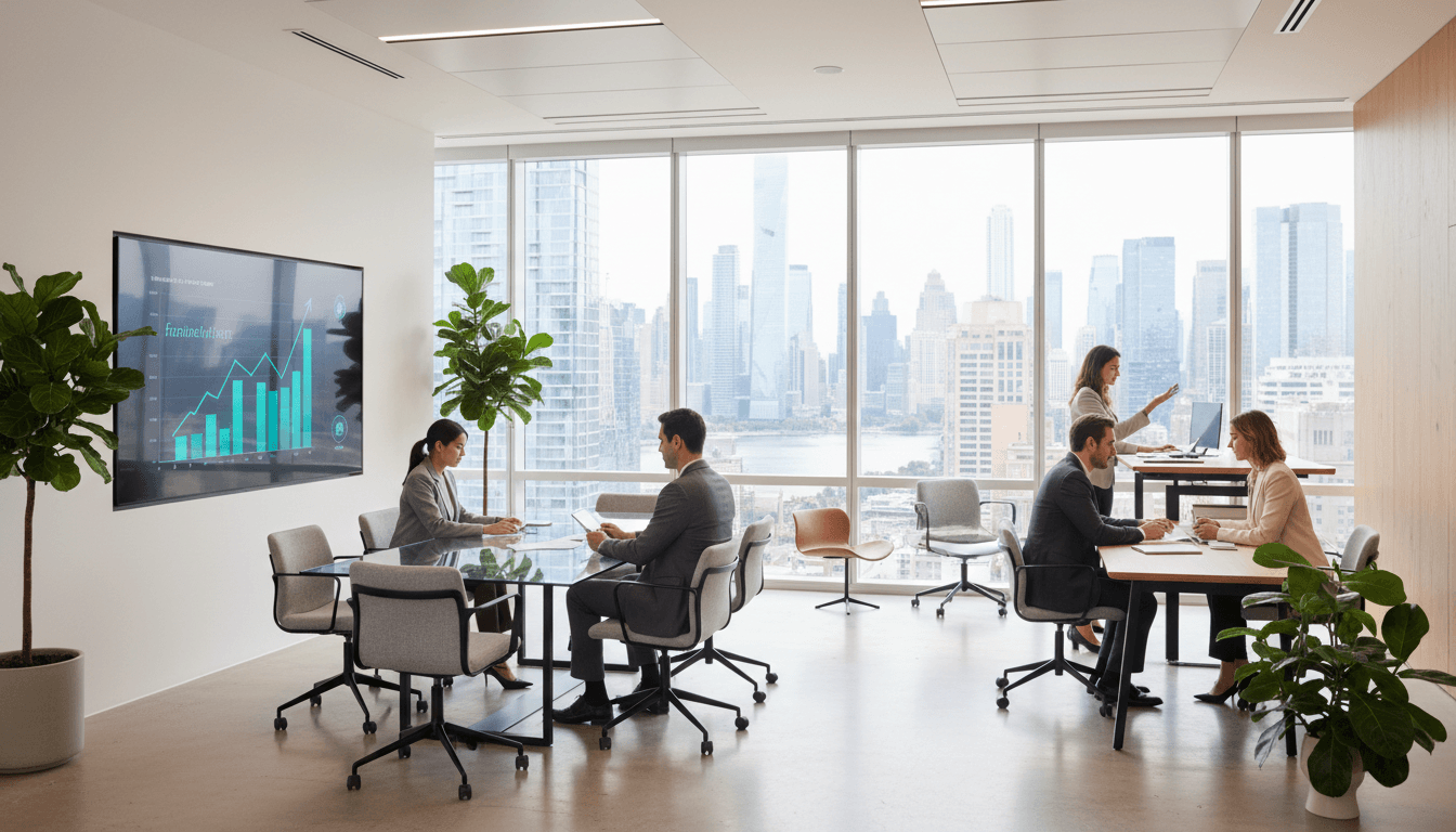 Financial consultant reviewing business strategy with client in Freehold office