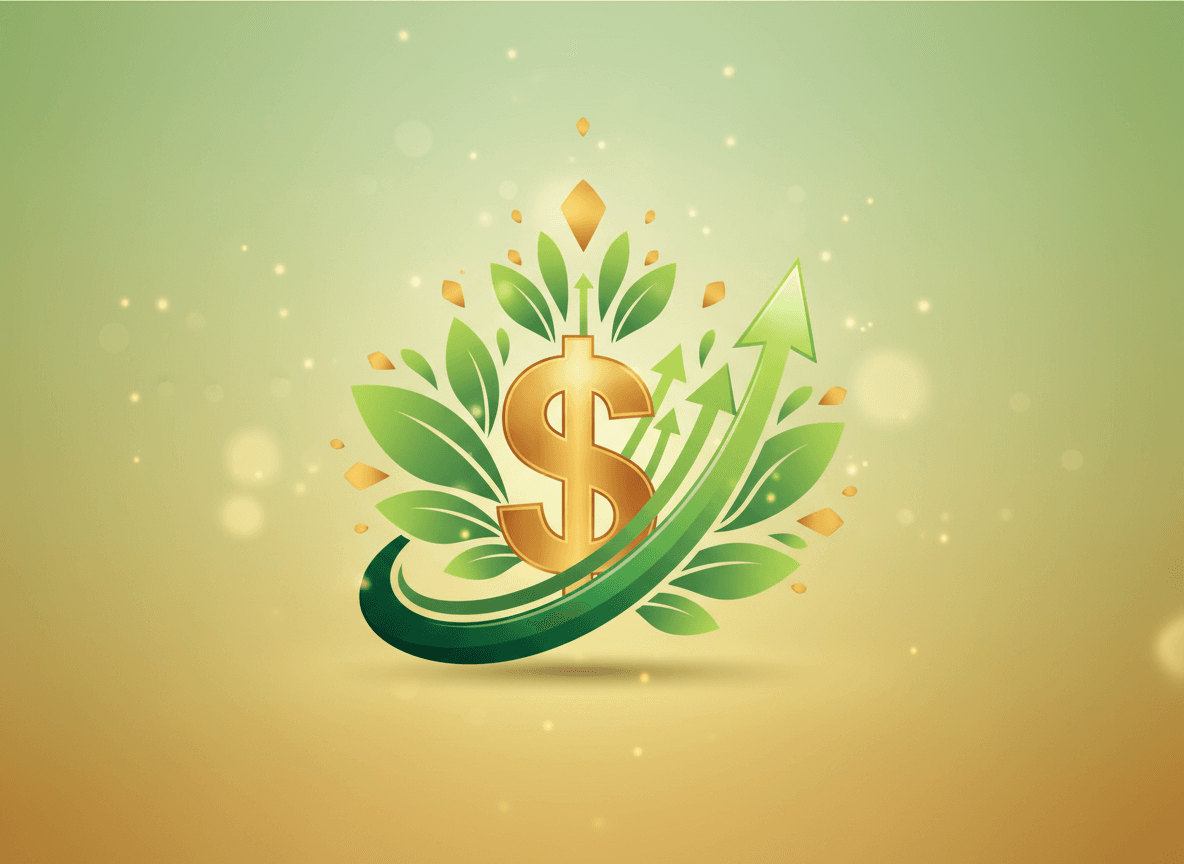Golden dollar sign surrounded by green leaves and upward arrows, symbolizing sustainable financial growth.