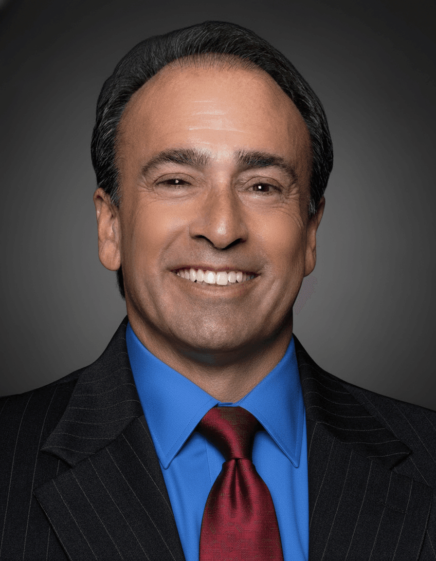 Smiling man with dark hair wearing a pinstripe suit, blue shirt, and red tie.