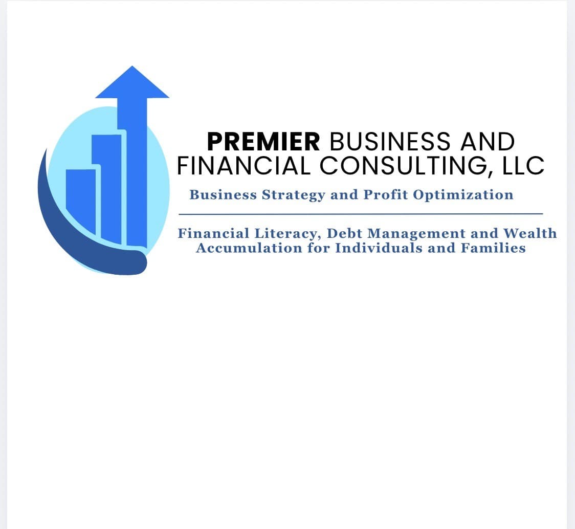Premier Business and Financial Consulting logo featuring a blue bar graph with an upward arrow.