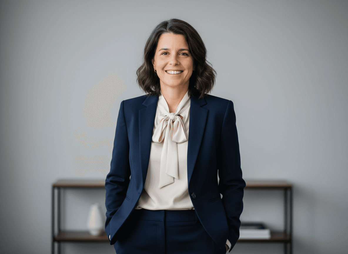 Smiling woman in a navy blue suit and cream bow blouse against a gray background.