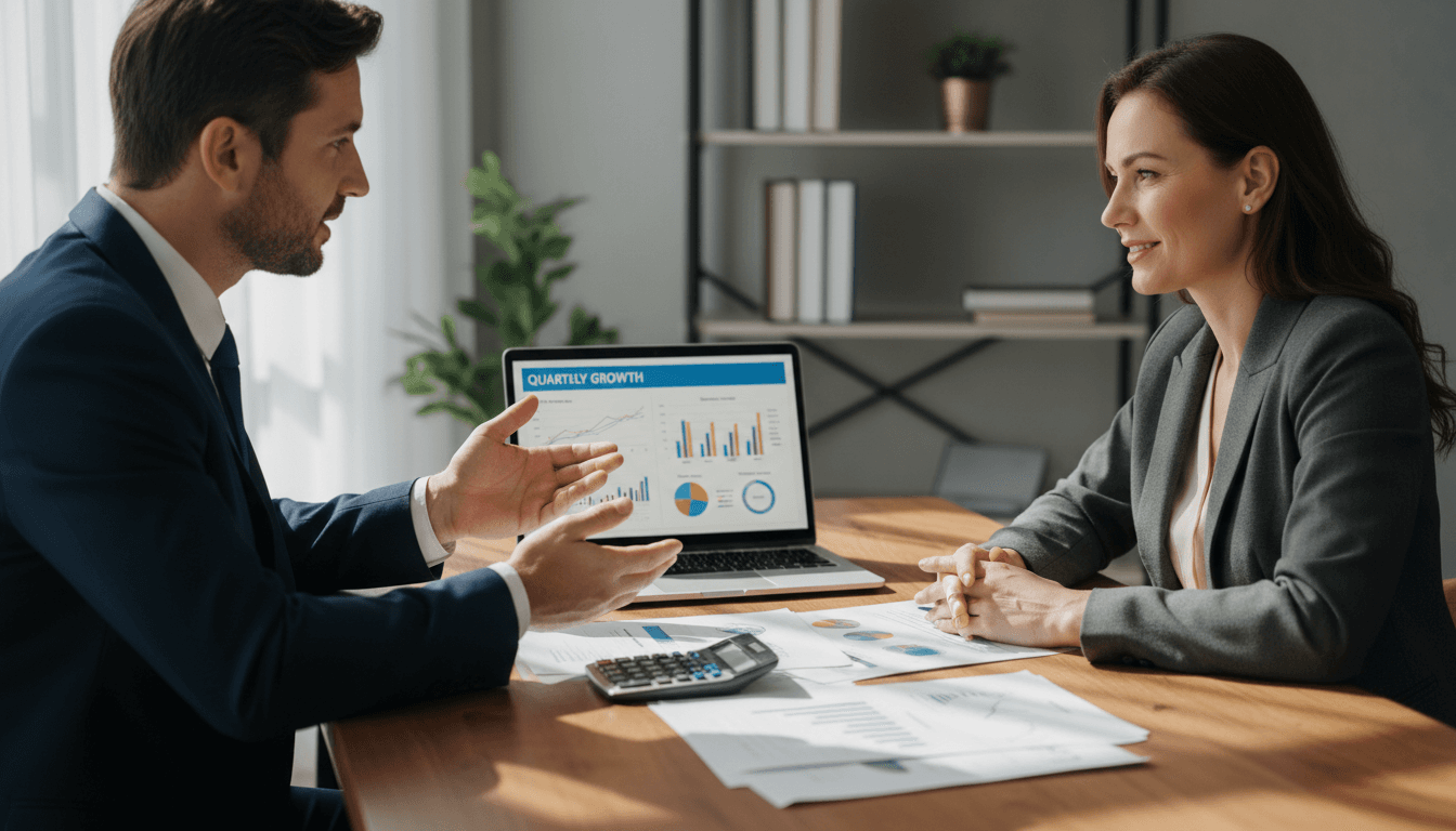 Business consultant presenting financial strategy to business owner