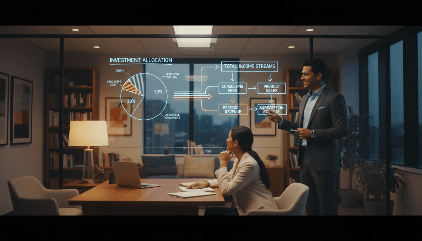 Consultant explaining passive income strategy on a whiteboard