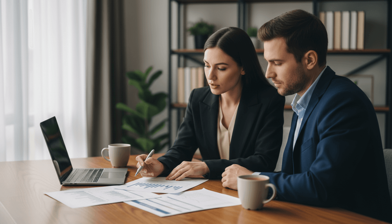Business advisor and client reviewing financial documents together at a desk with natural lighting