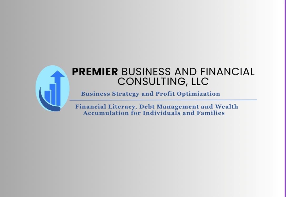 Premier Business and Financial Consulting, LLC logo with a blue bar chart and upward arrow.